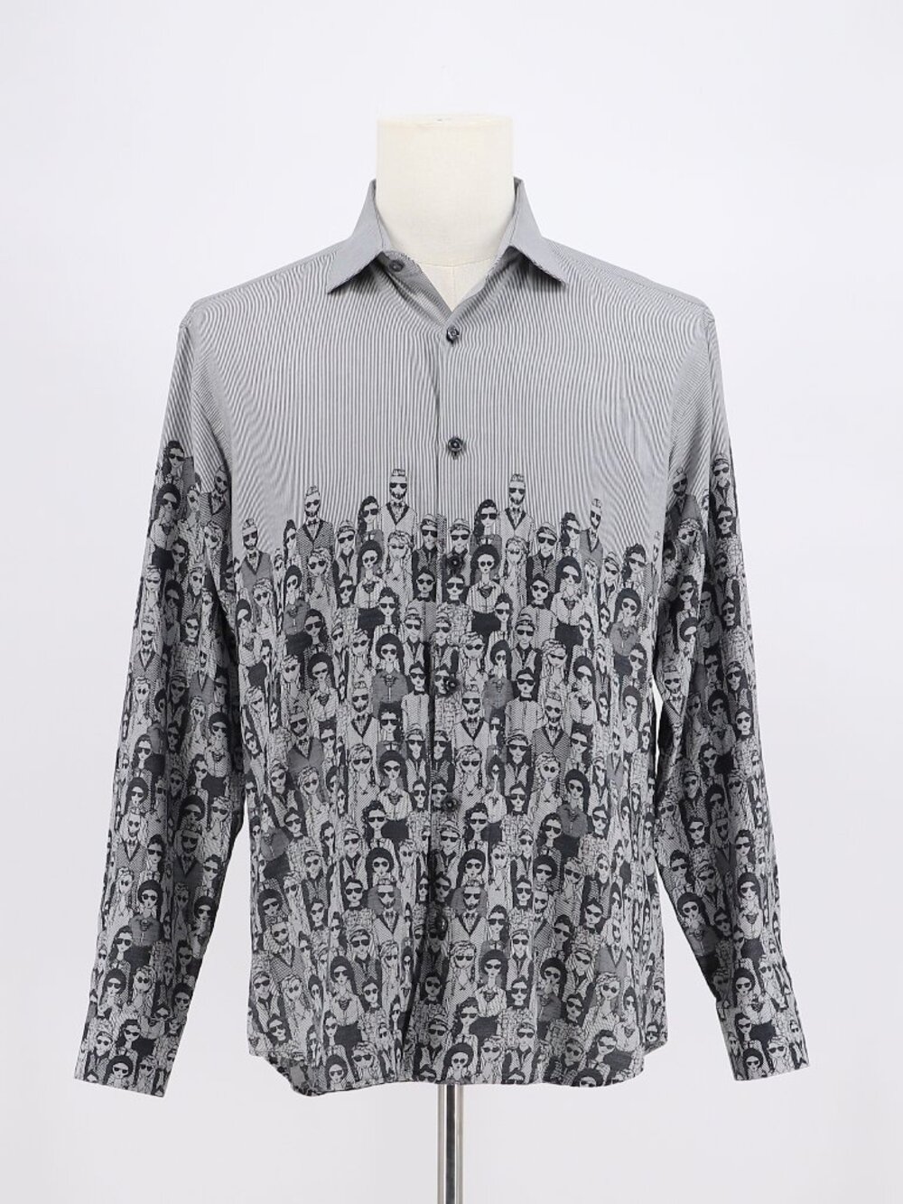 JARED LANG Button Down Shirt Gray Stripe Crowd Sunglasses Graphic Print Size M